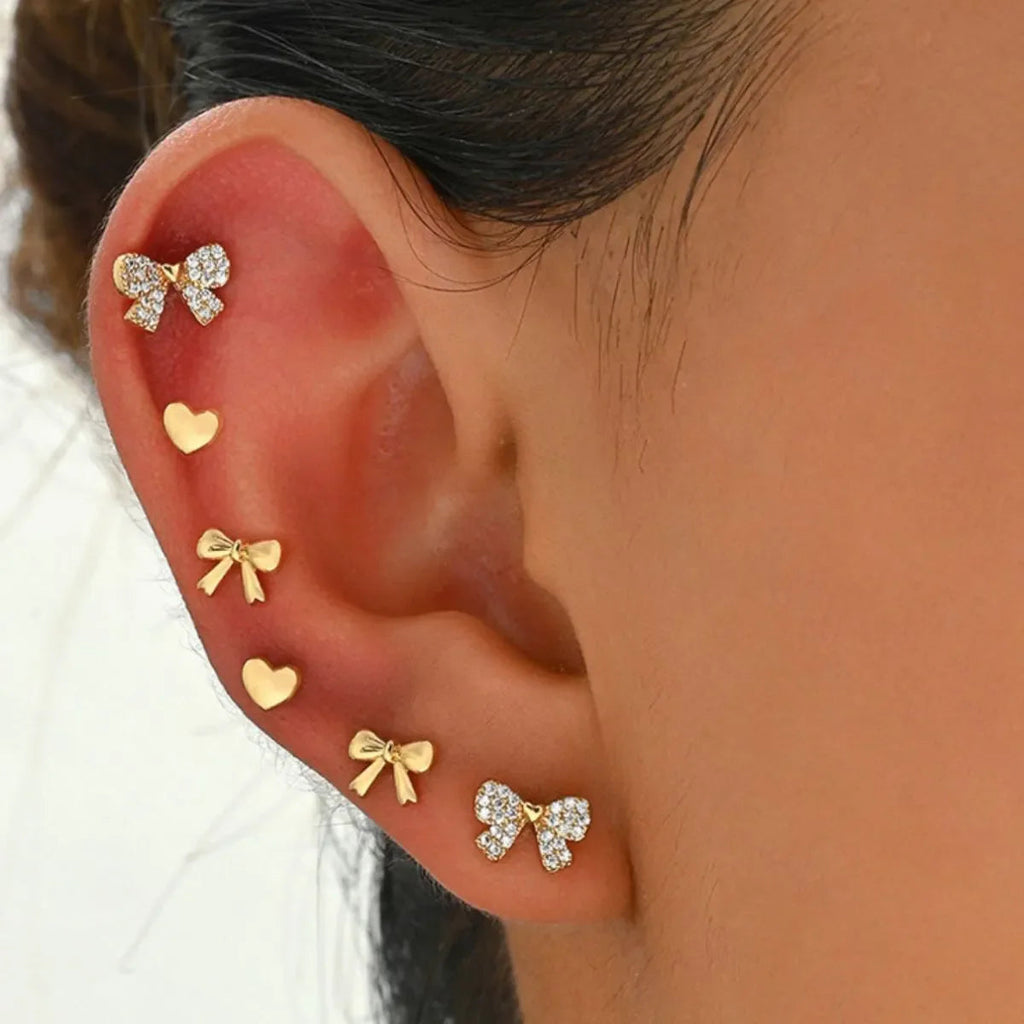 6 Piece Bow Heart Stud Earrings Set